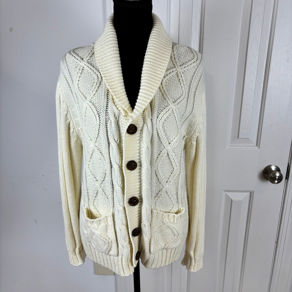 Vintage Sears Sportswear Cream Cable Knit Shawl Collar Cardigan Sweater Size M